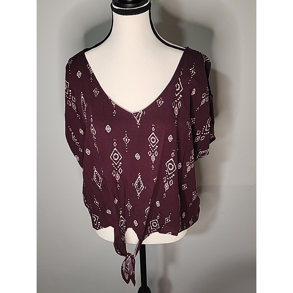 Mudd Womens XL Burgundy Geometric Tribal Print Tie Front Cold Shoulder Blouse
